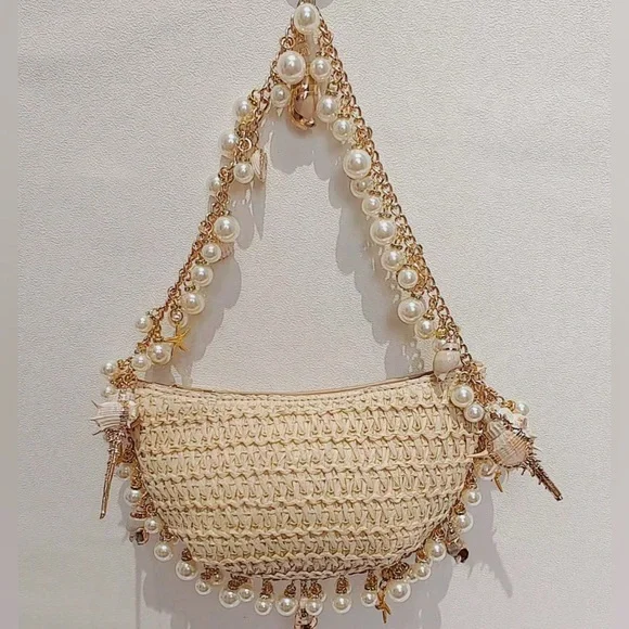 🆕 Straw Seashells and Pearls Shoulder Handbag - Picture 7 of 8